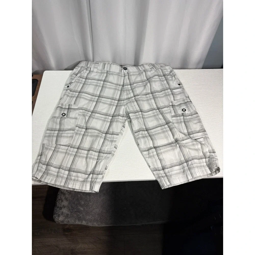 Projek Raw Mens Plaid Cargo Shorts White Grey Size 40 Casual Utility Pockets